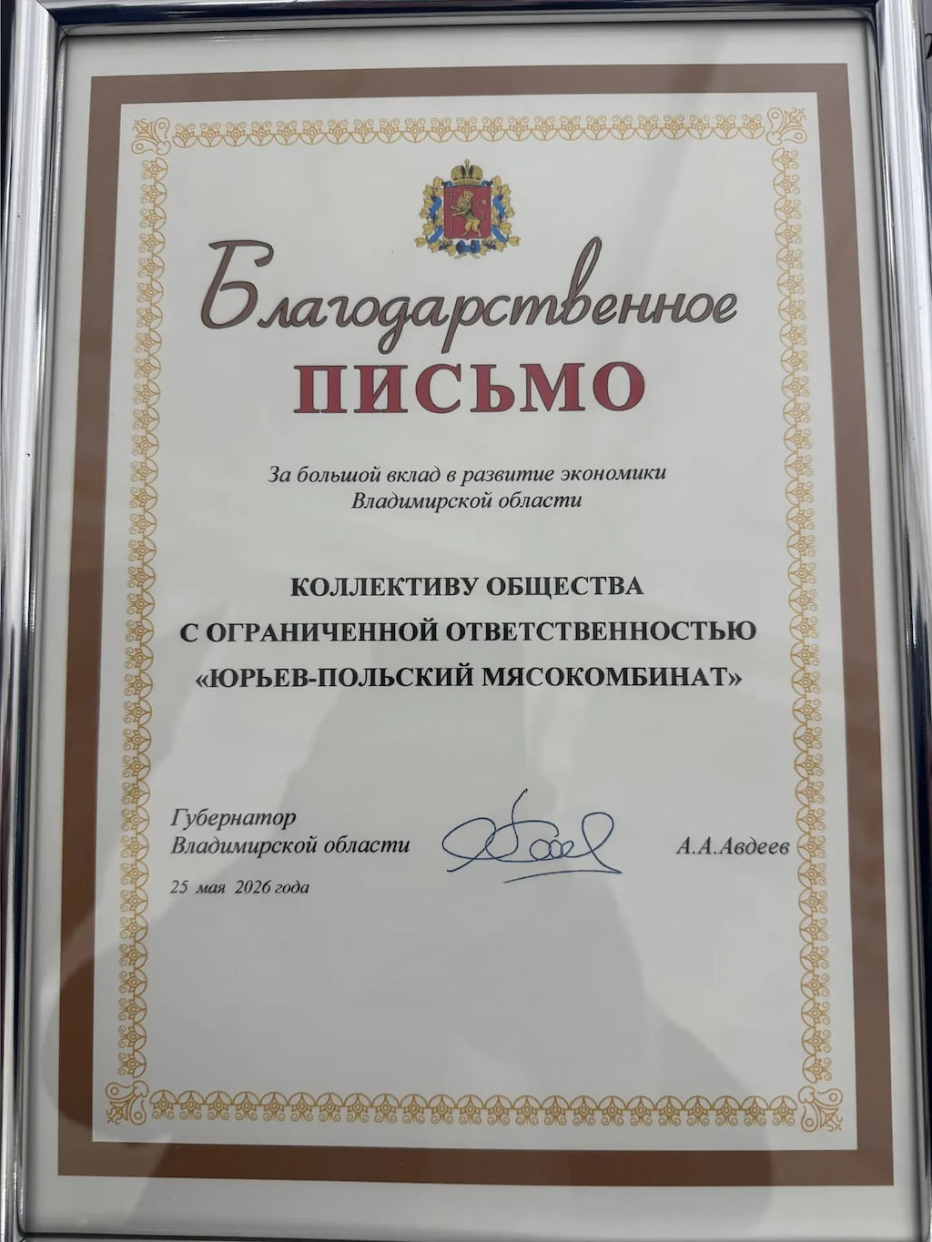 Благодарственное письмо за большой вклад в развитие экономики Владимирской области